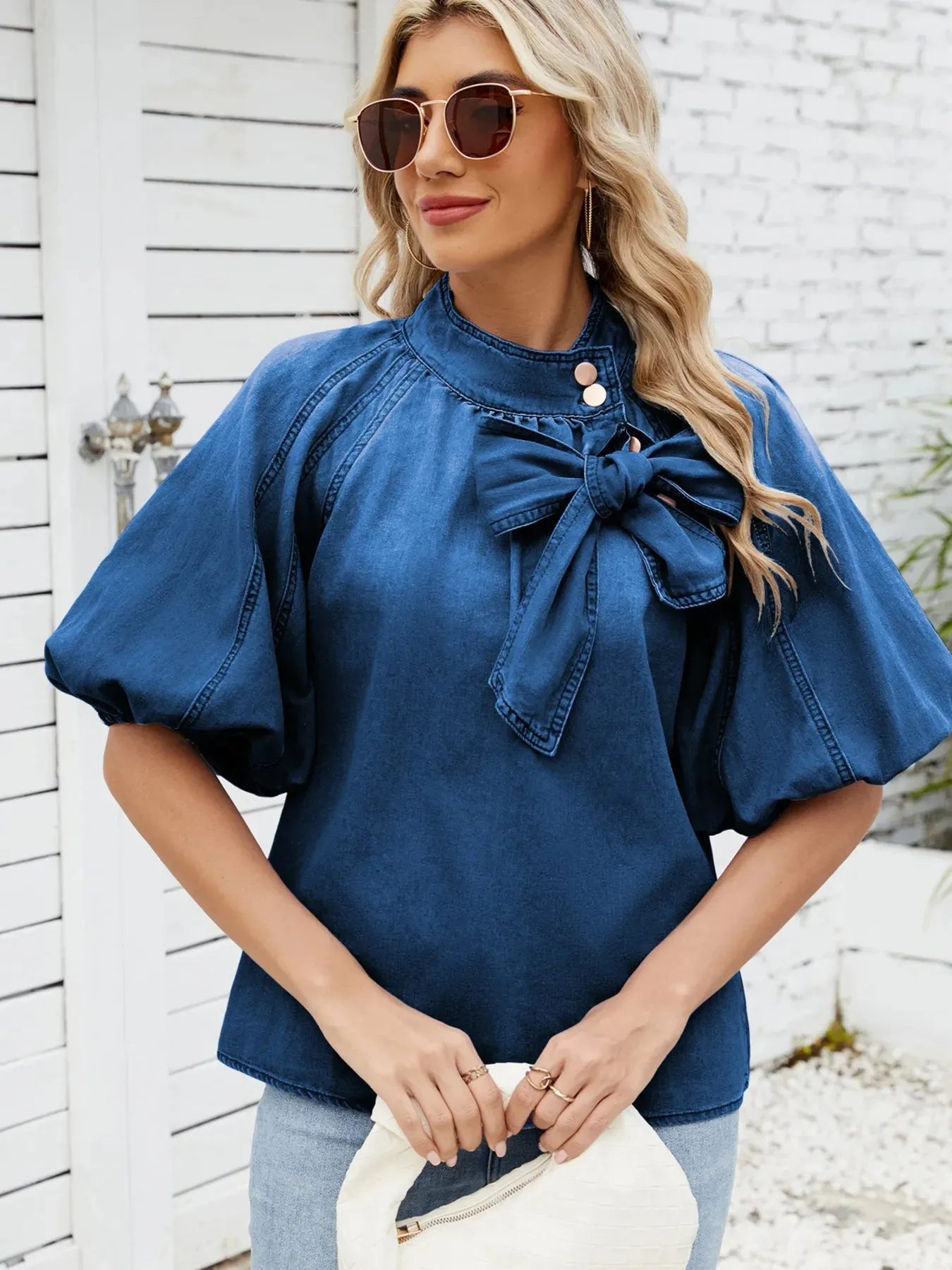 Denim Bow Tie Puff Sleeve Top sold by Charming Charlie product image thumbnail 3