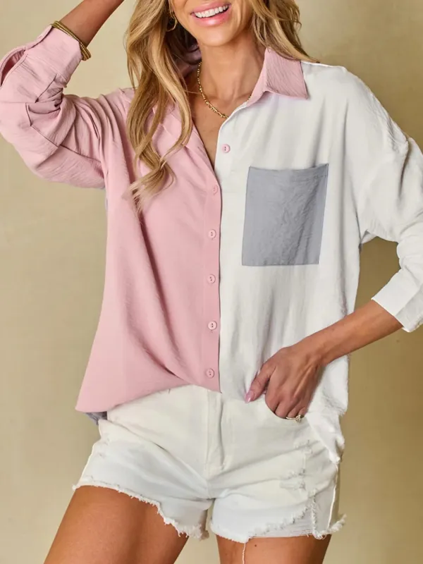 Color Block Oversized Button-Up Shirt with Chest Pocket sold by Charming Charlie