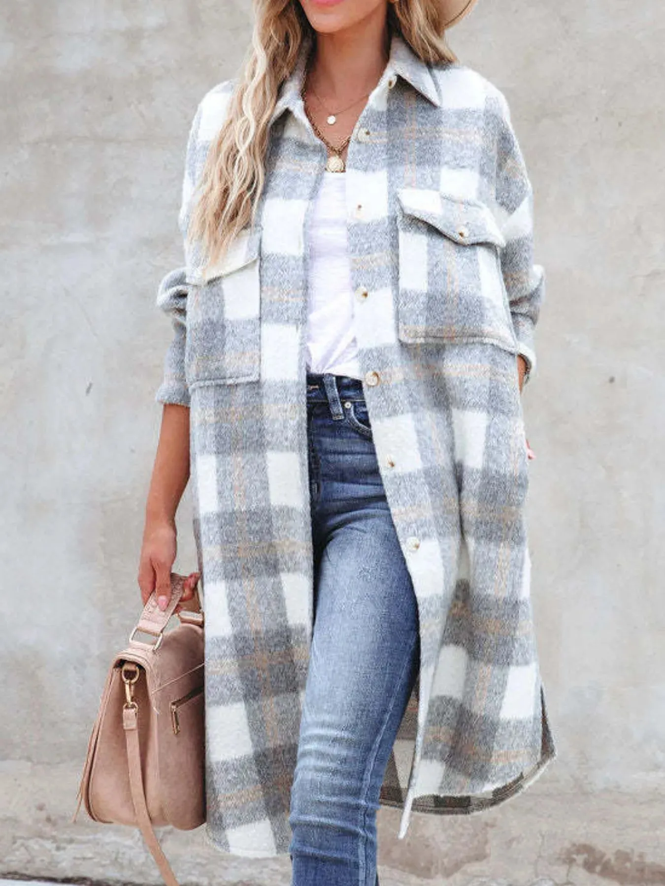 Oversized Plaid Button Up Longline Jacket sold by Charming Charlie product image thumbnail 2