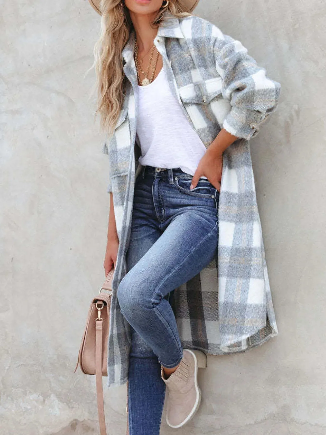 Oversized Plaid Button Up Longline Jacket sold by Charming Charlie product image thumbnail 3