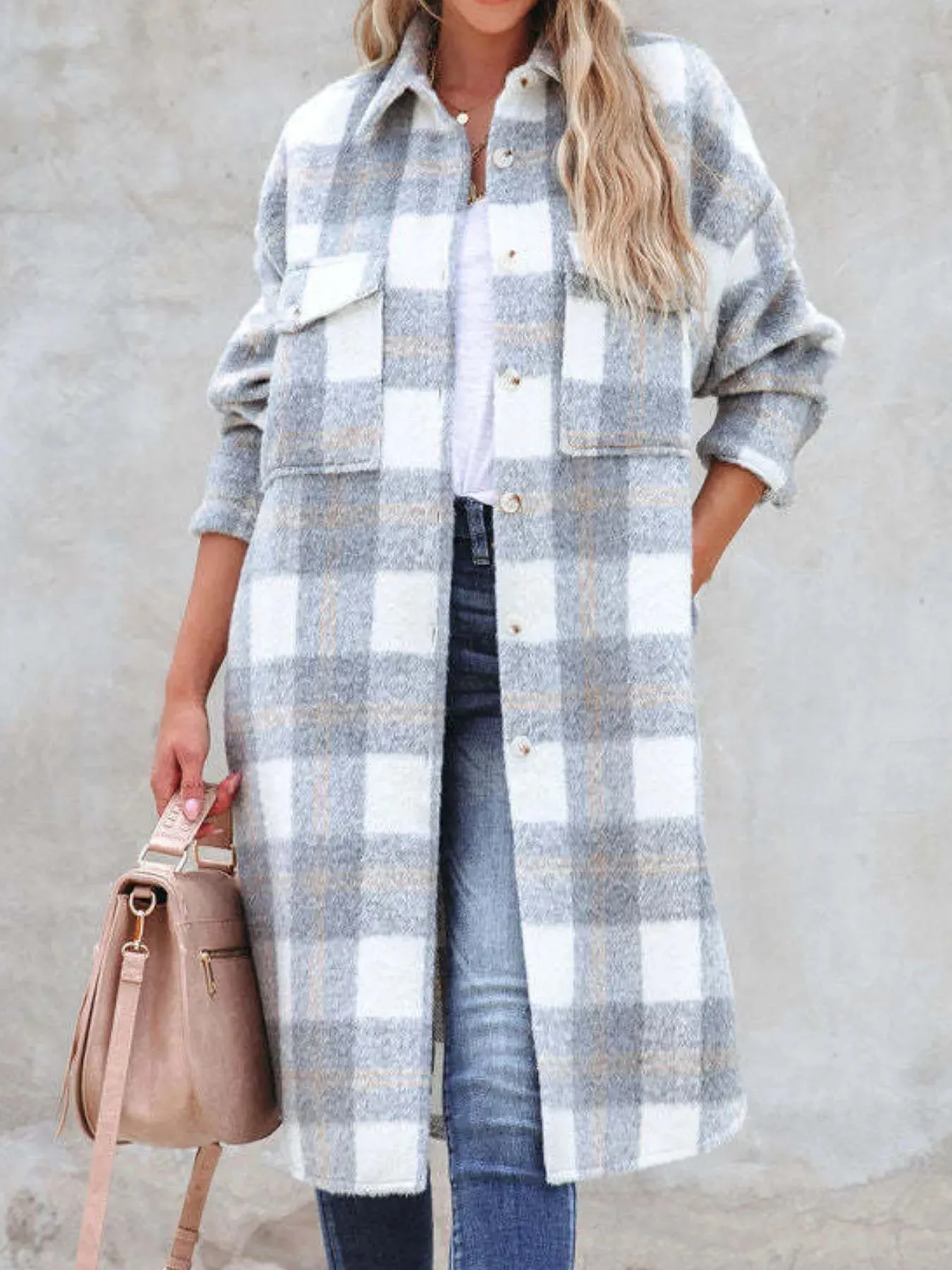 Oversized Plaid Button Up Longline Jacket sold by Charming Charlie product image thumbnail 5