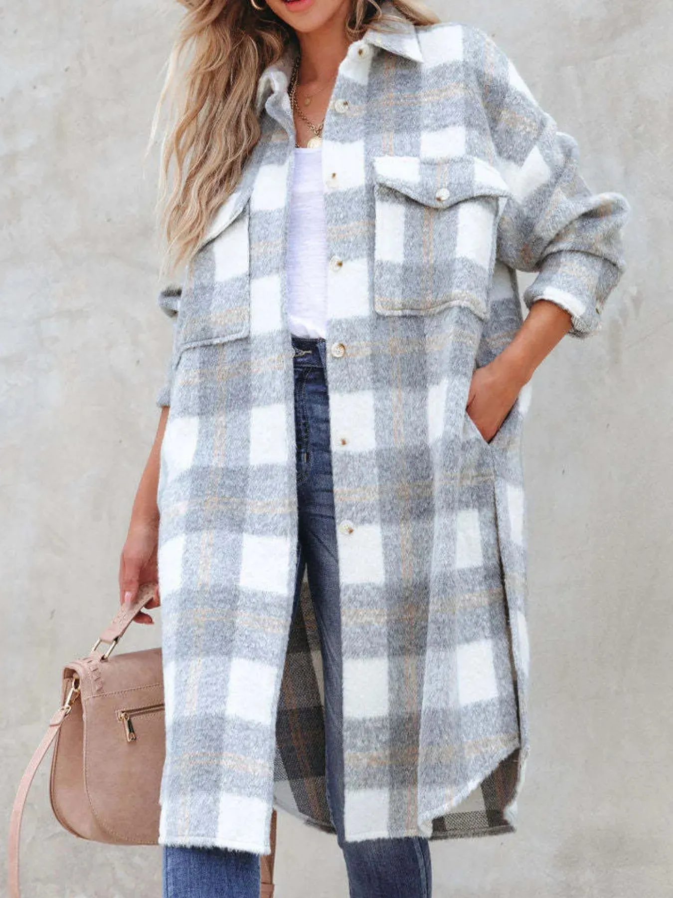 Oversized Plaid Button Up Longline Jacket sold by Charming Charlie product image thumbnail 4
