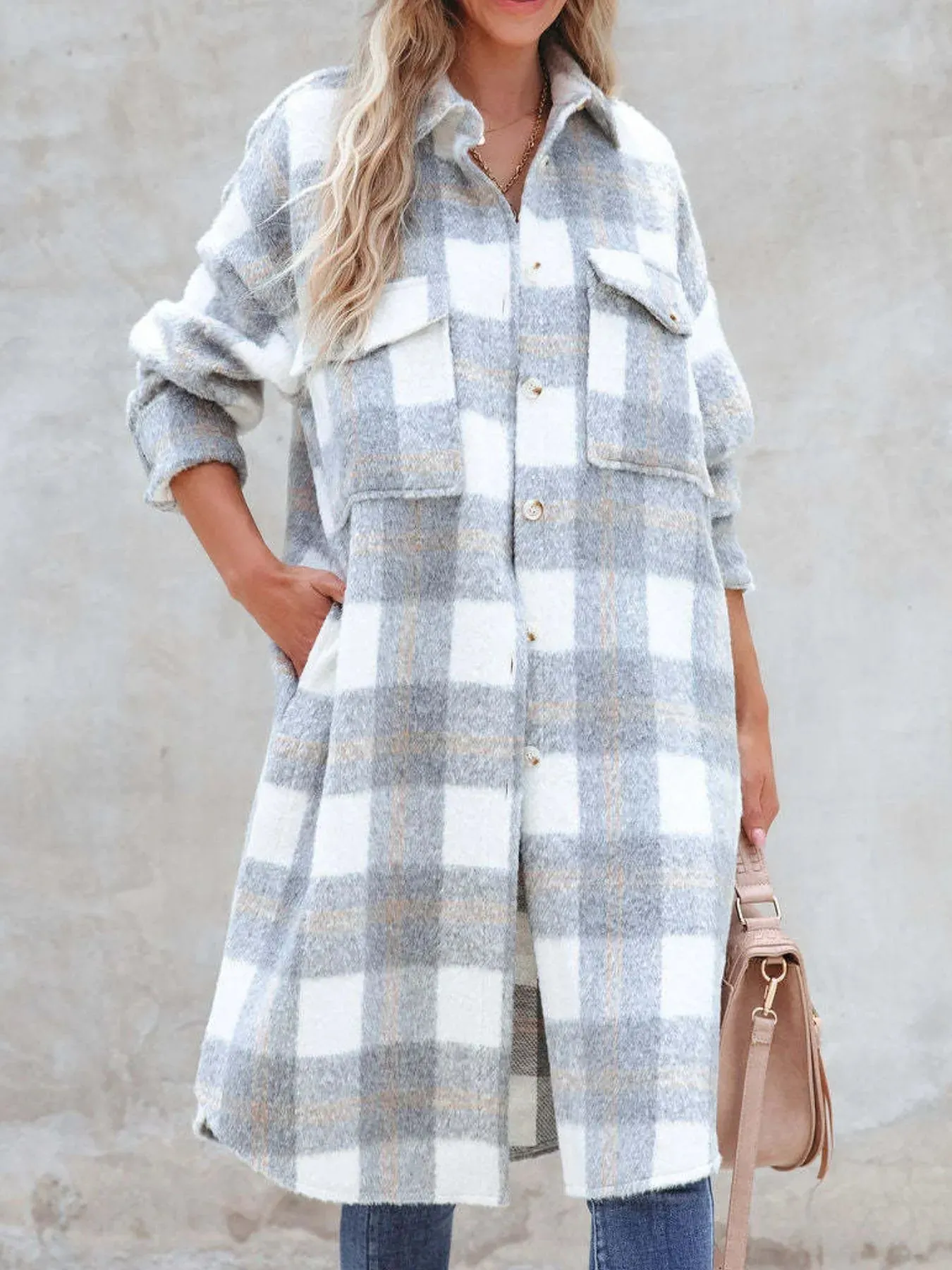 Oversized Plaid Button Up Longline Jacket sold by Charming Charlie