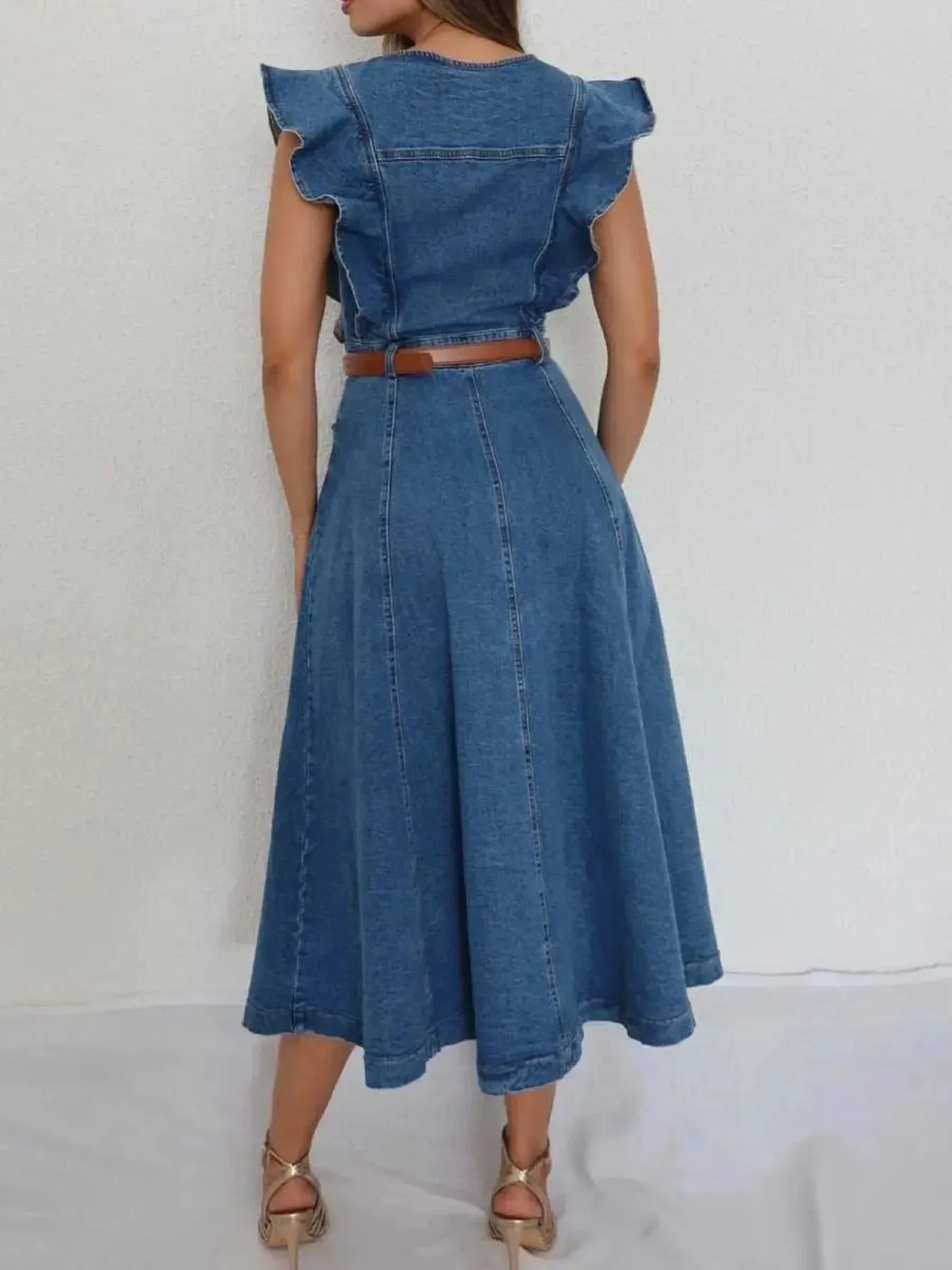 Button-Front Ruffle Sleeve Denim Midi Dress sold by Charming Charlie product image thumbnail 4