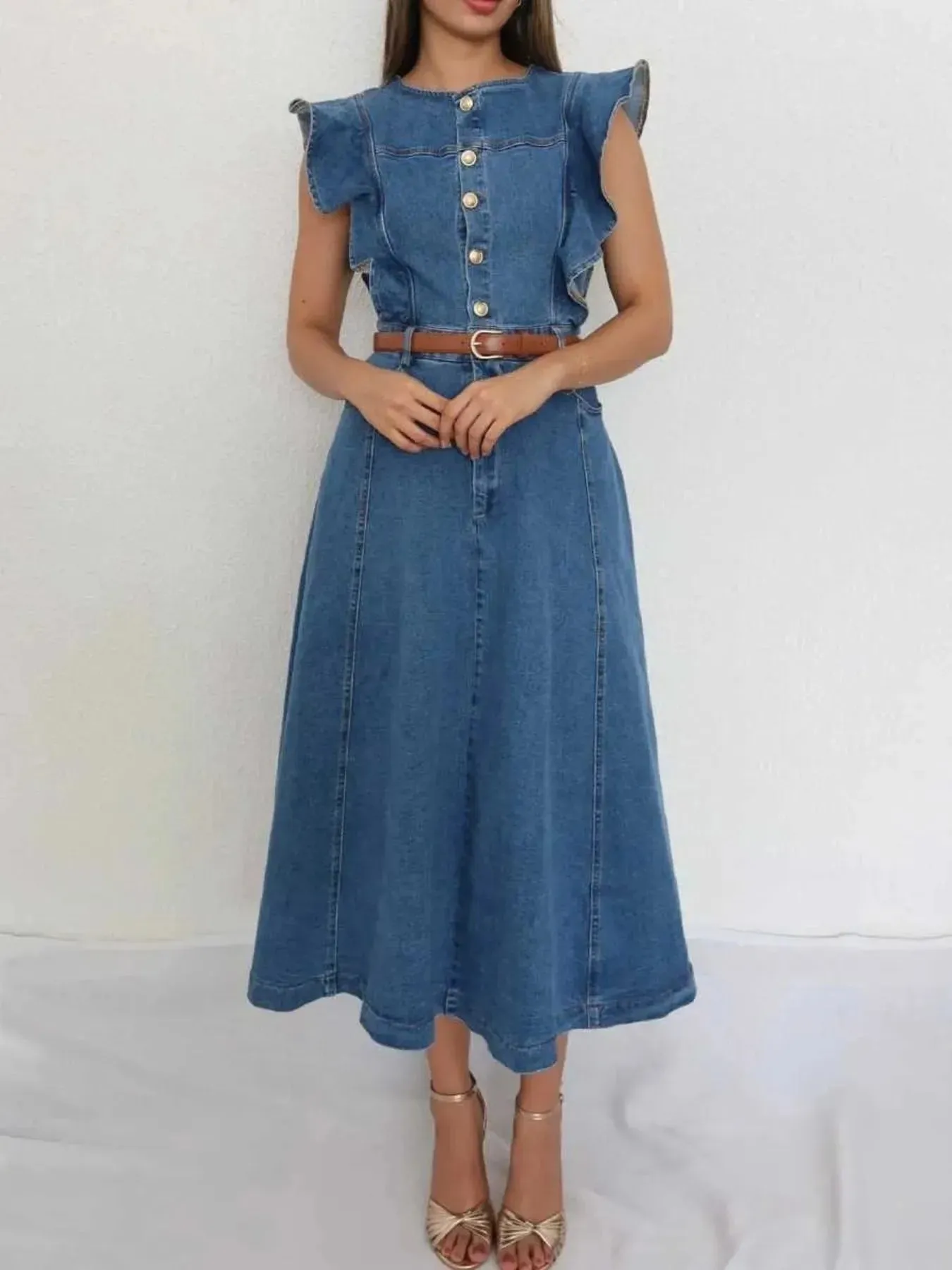 Button-Front Ruffle Sleeve Denim Midi Dress sold by Charming Charlie product image thumbnail 2