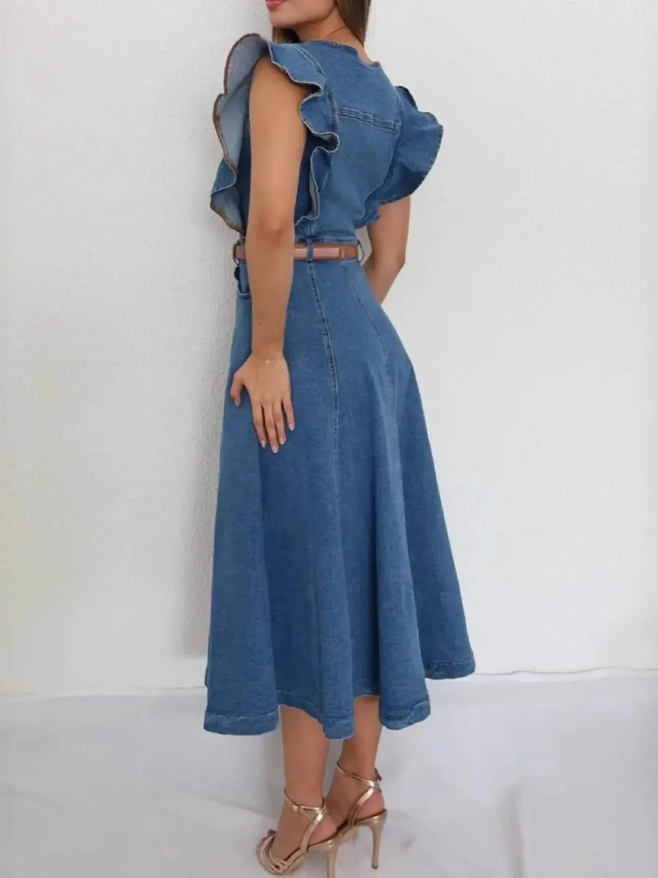 Button-Front Ruffle Sleeve Denim Midi Dress sold by Charming Charlie product image thumbnail 3