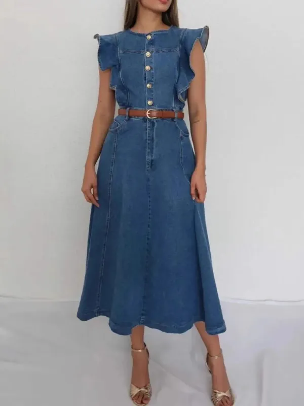 Button-Front Ruffle Sleeve Denim Midi Dress sold by Charming Charlie