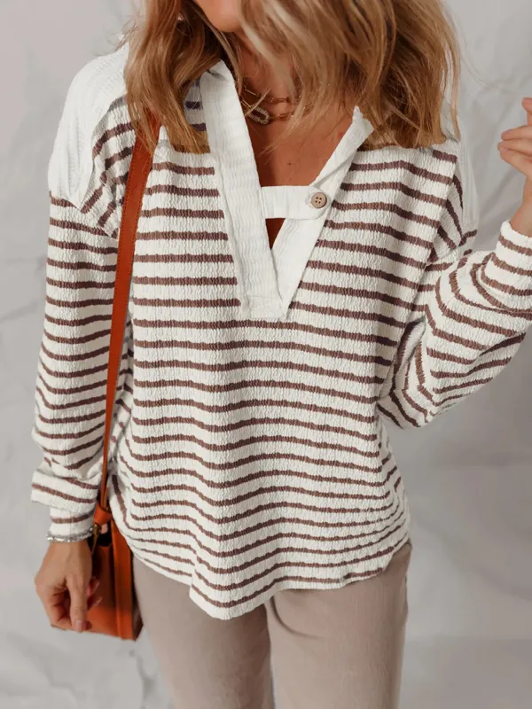 Striped V-Neck Long Sleeve Knit Hoodie sold by Charming Charlie