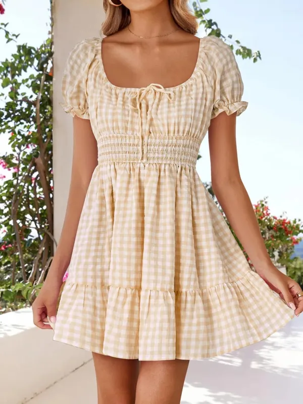 Gingham Smocked Puff Sleeve Summer Dress sold by Charming Charlie