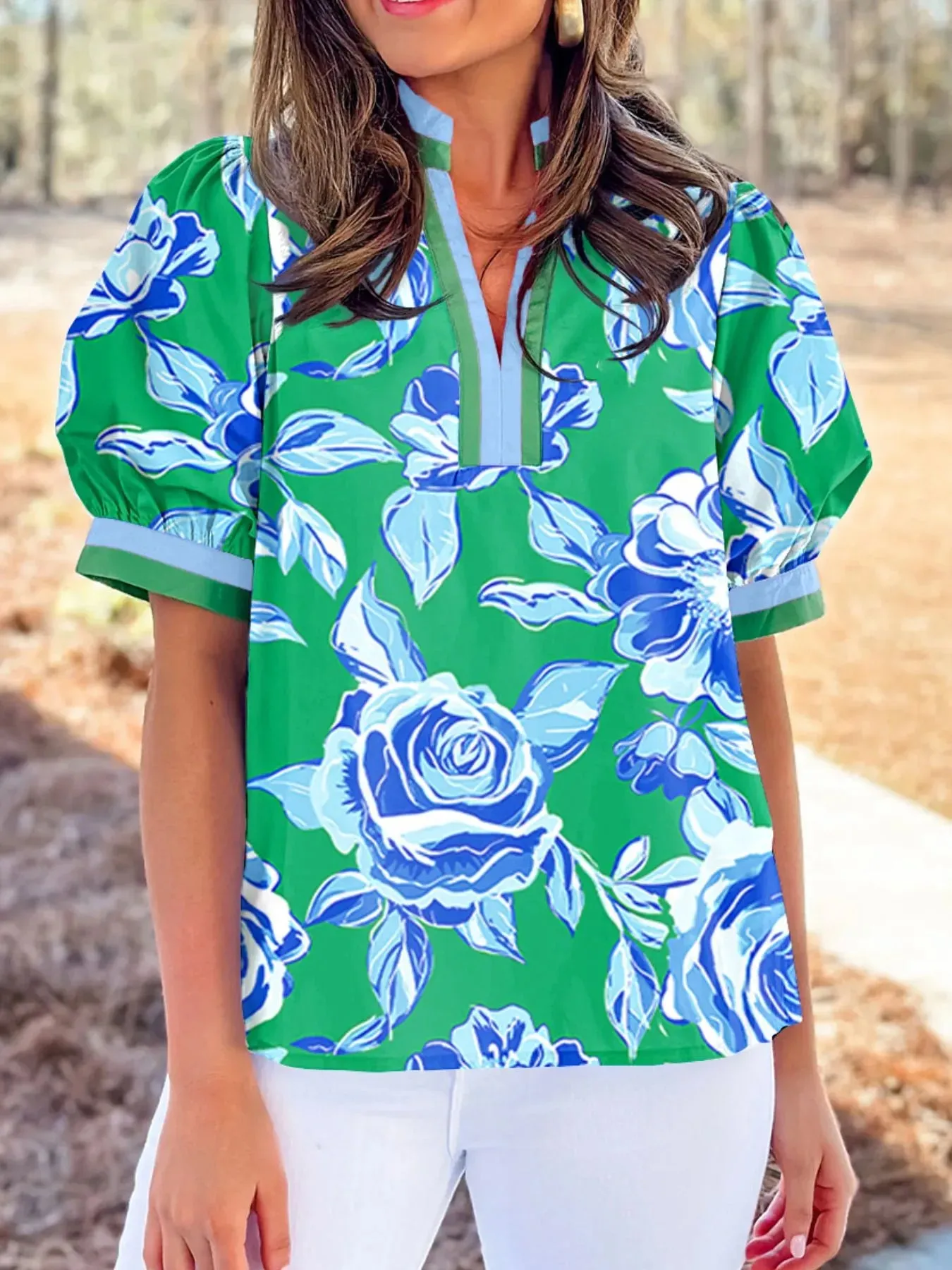 Floral Print Puff Short Sleeve Blouse sold by Charming Charlie