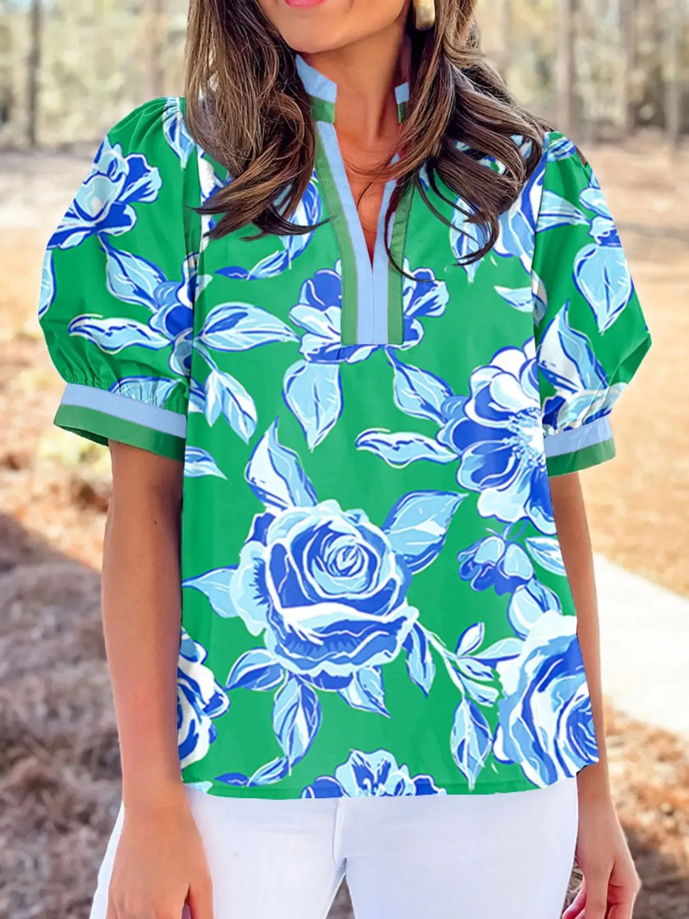 Floral Print Puff Short Sleeve Blouse sold by Charming Charlie product image thumbnail 3