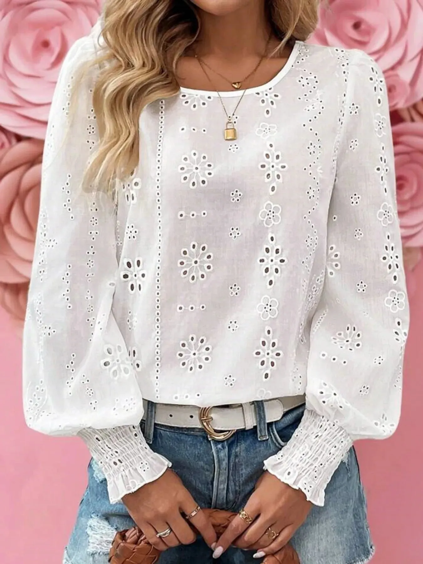 Eyelet Long Sleeve Blouse with Elastic Cuffs sold by Charming Charlie product image thumbnail 3