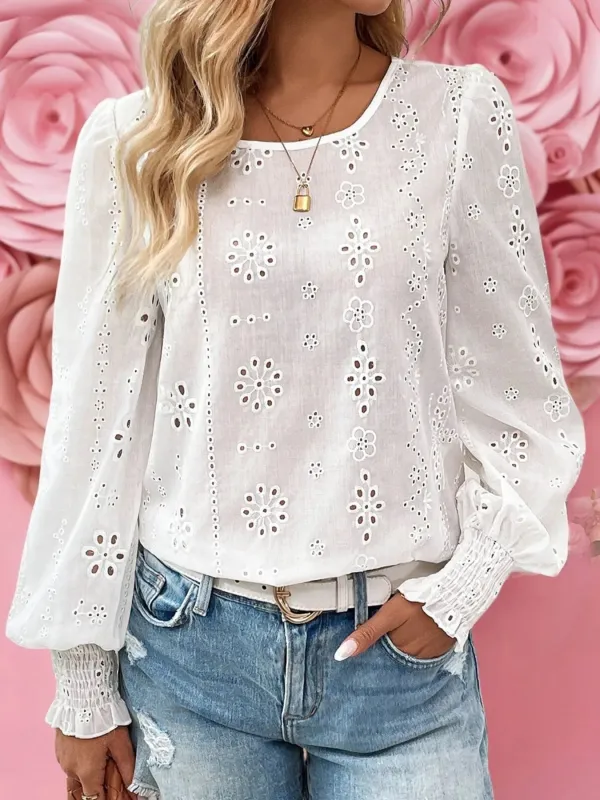 Eyelet Long Sleeve Blouse with Elastic Cuffs sold by Charming Charlie