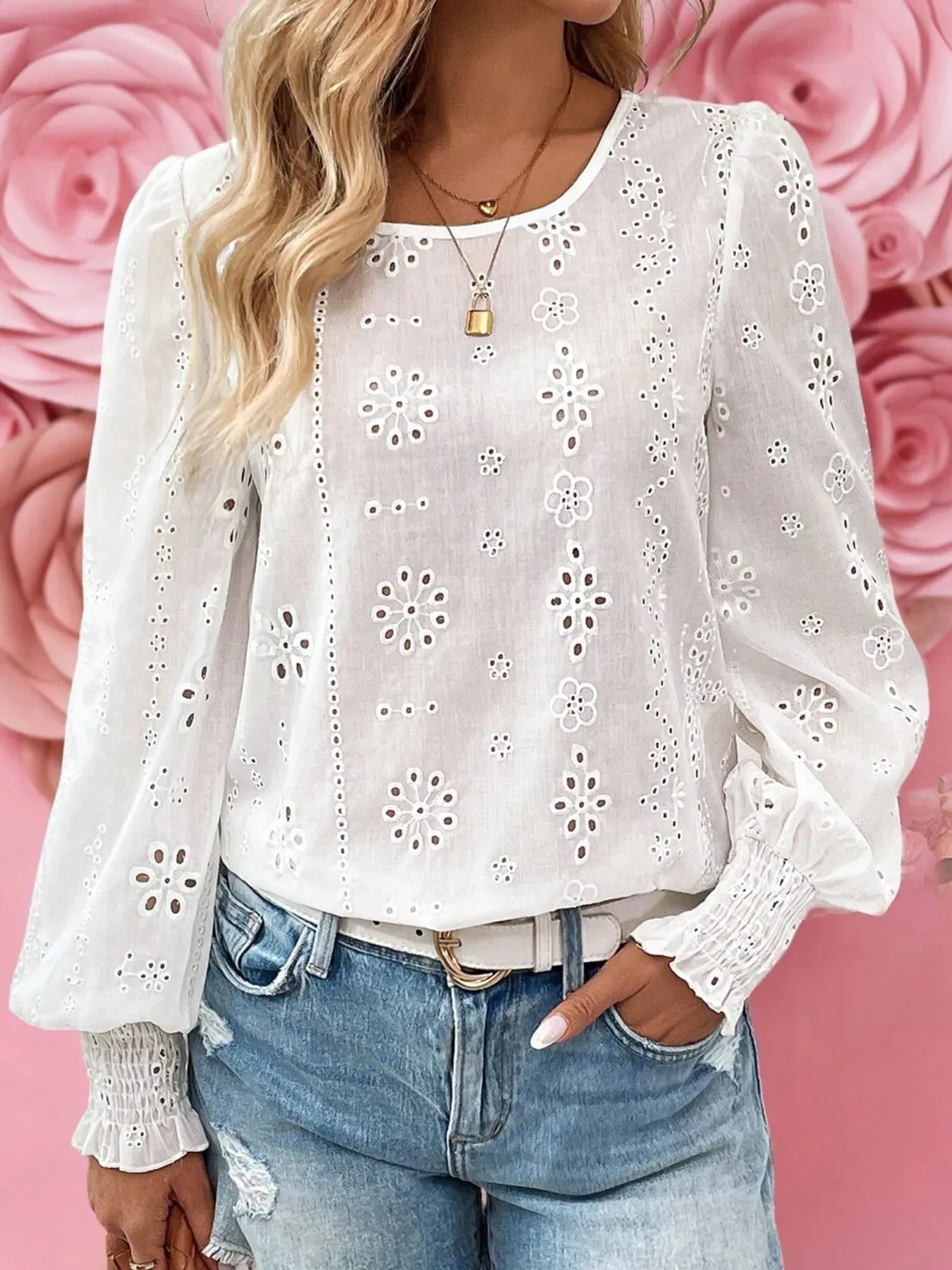 Eyelet Long Sleeve Blouse with Elastic Cuffs sold by Charming Charlie
