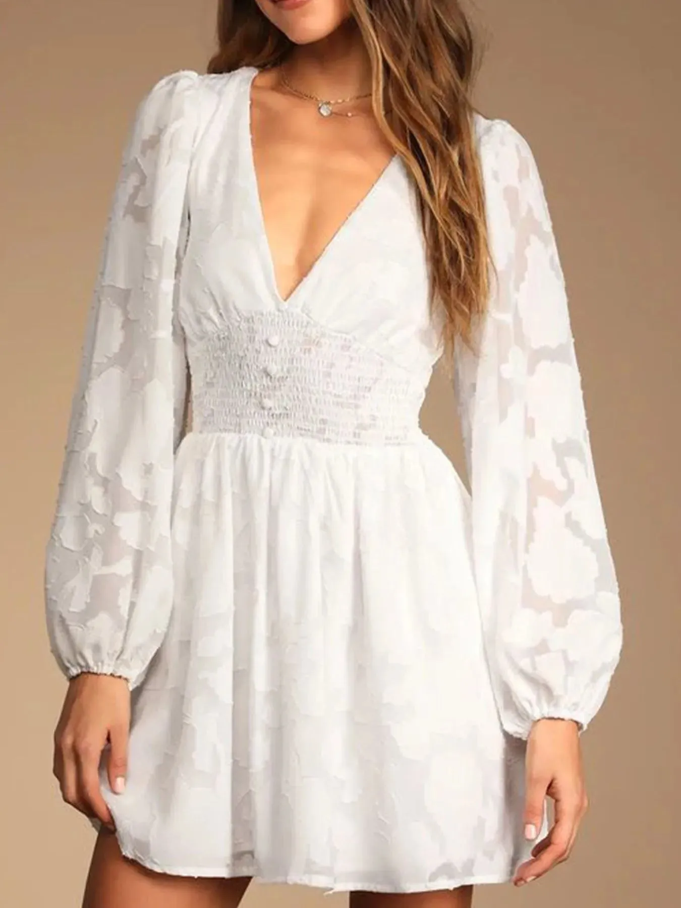 Smocked V-Neck Balloon Sleeve Dress sold by Charming Charlie product image thumbnail 5