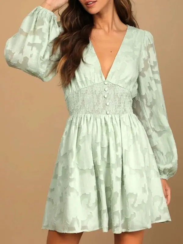 Smocked V-Neck Balloon Sleeve Dress sold by Charming Charlie
