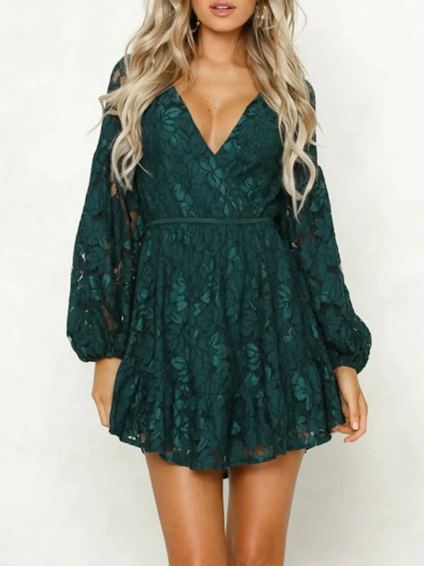 Lace V-Neck Long Sleeve Mini Dress sold by Charming Charlie