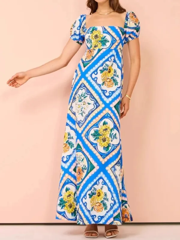 Printed Square Neck Puff Sleeve Maxi Dress sold by Charming Charlie