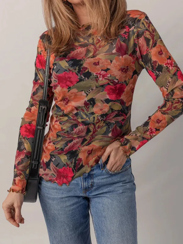 Multicolour Floral Print Lettuce Trim Long Sleeve Mesh Top sold by Charming Charlie