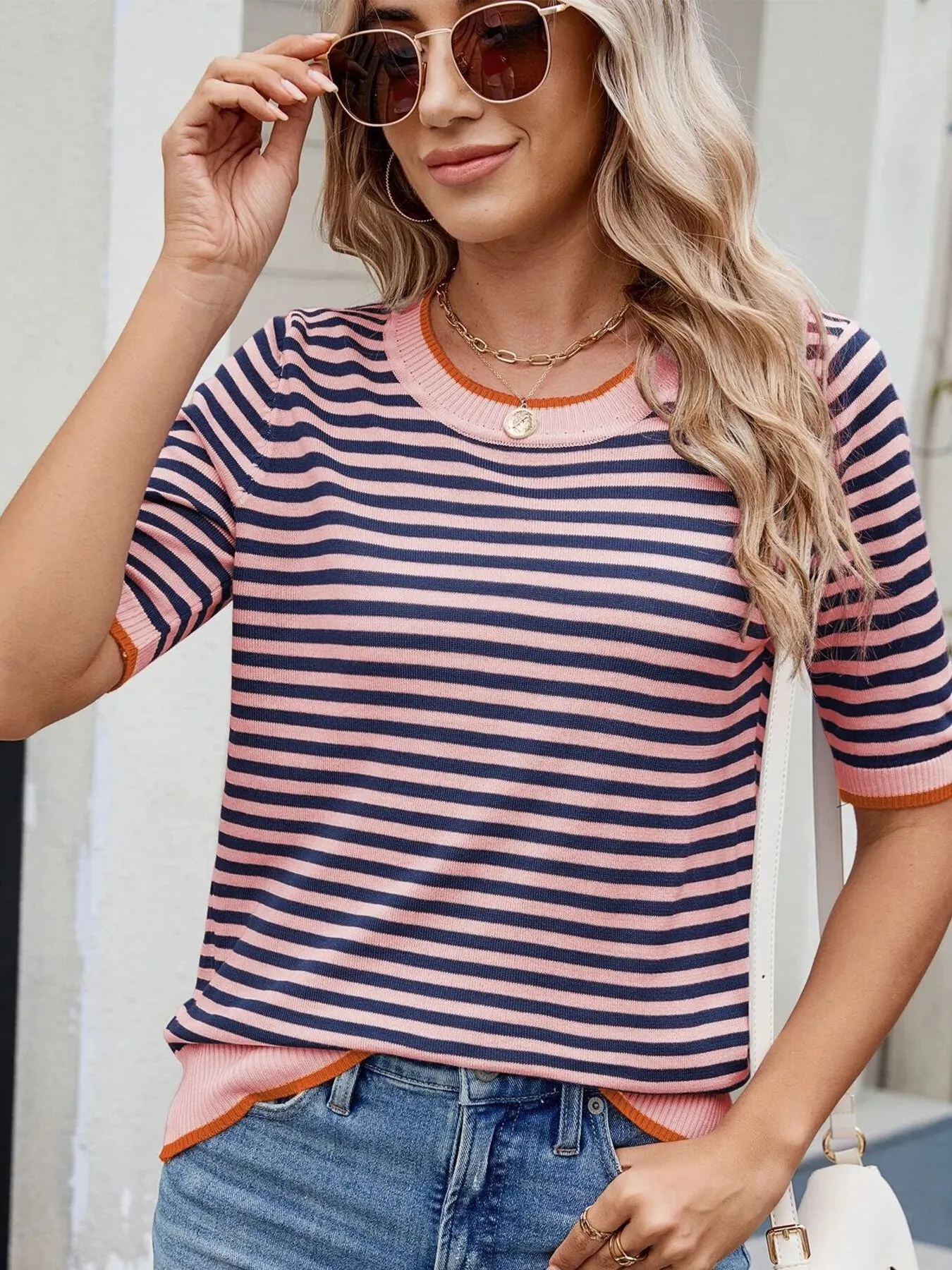 Striped Casual T-Shirt with Contrast Trim sold by Charming Charlie product image thumbnail 4