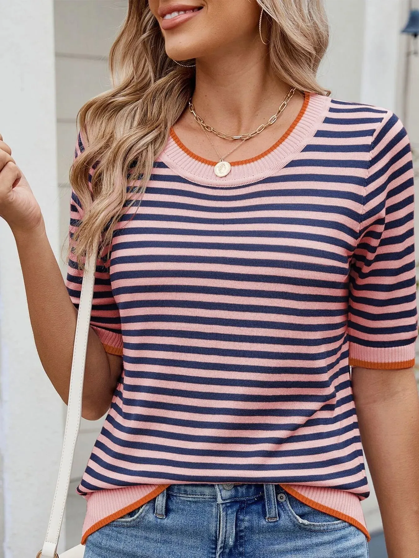 Striped Casual T-Shirt with Contrast Trim sold by Charming Charlie product image thumbnail 3