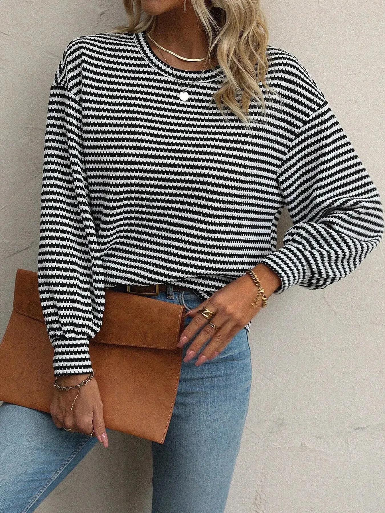 Striped Round Neck Lantern Sleeve Top sold by Charming Charlie product image thumbnail 4