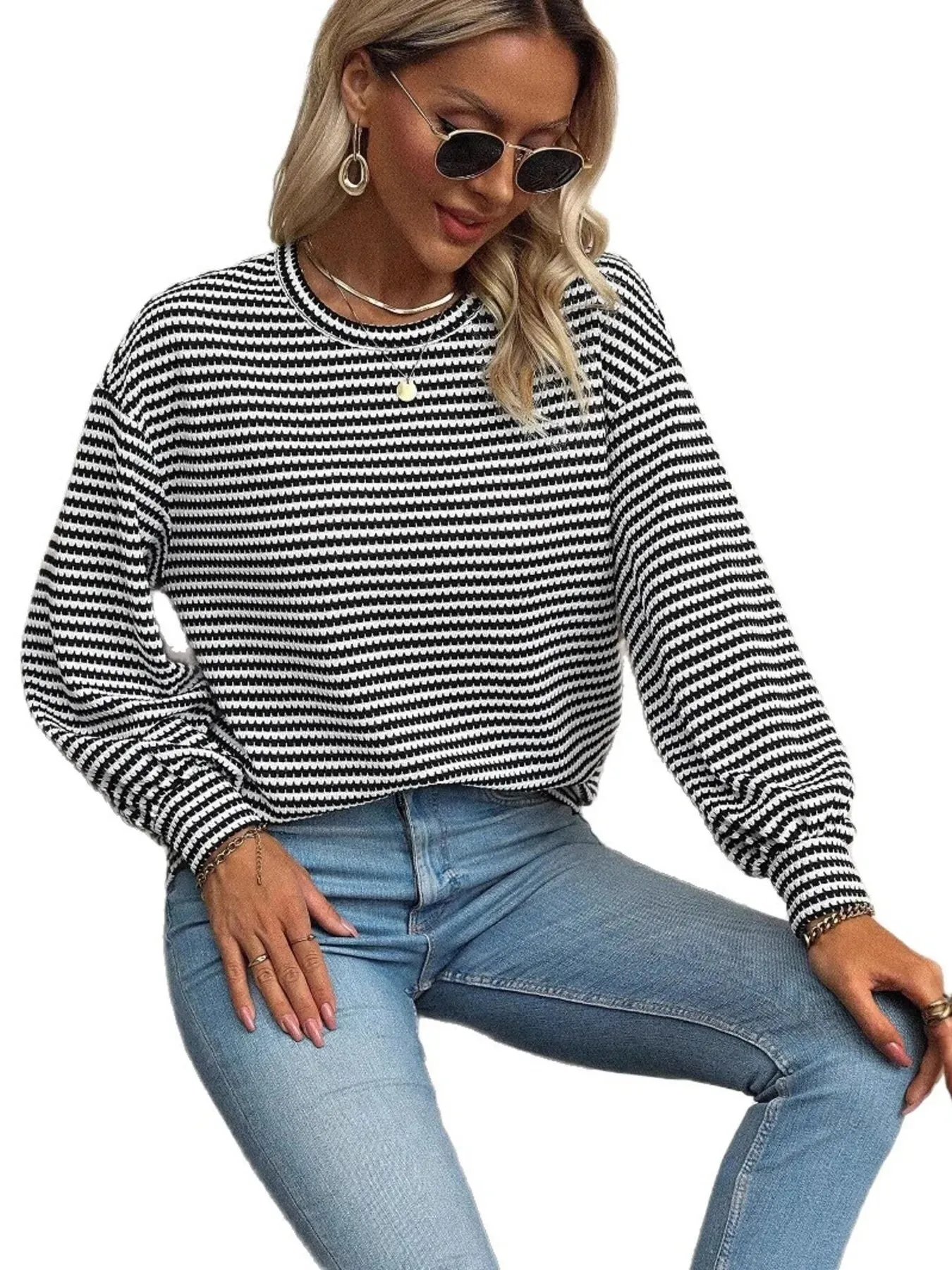 Striped Round Neck Lantern Sleeve Top sold by Charming Charlie