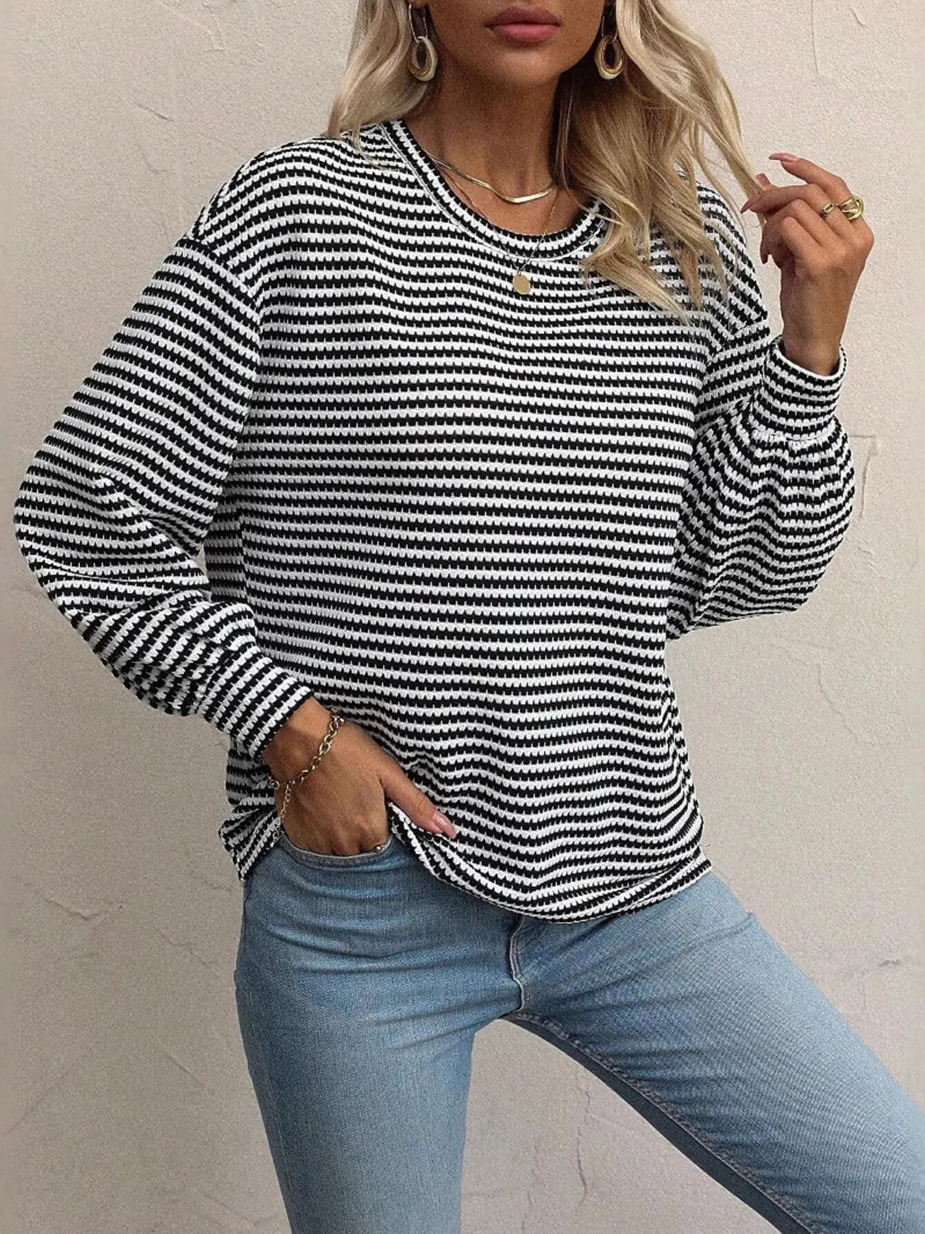 Striped Round Neck Lantern Sleeve Top sold by Charming Charlie product image thumbnail 3