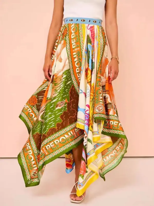 Printed Asymmetrical Hem Maxi Skirt sold by Charming Charlie