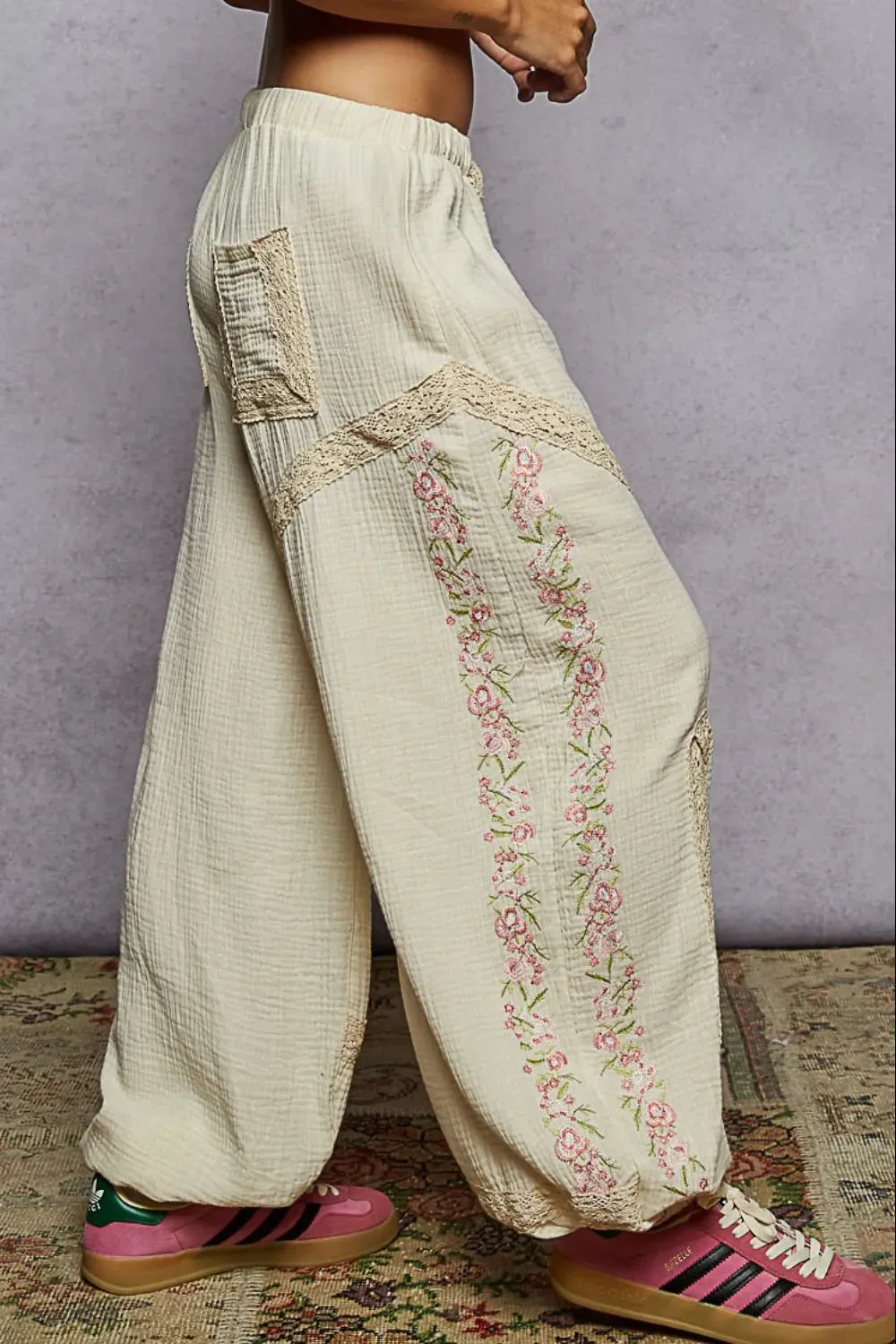 POL Floral Embroidered Drawstring Joggers with Lace Trim sold by Charming Charlie product image thumbnail 2