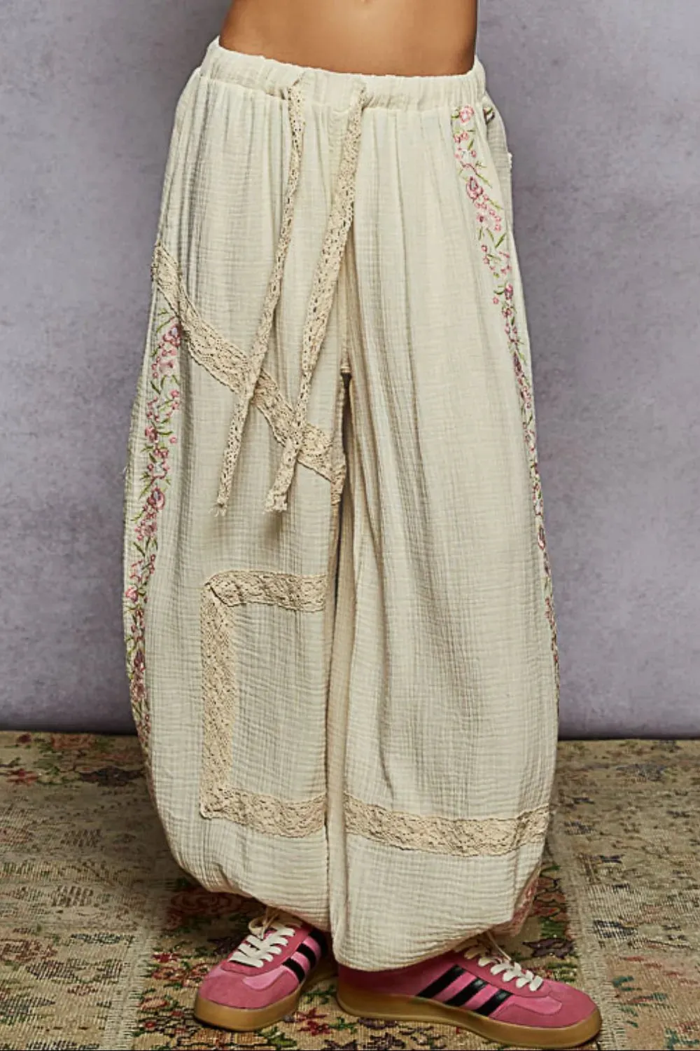 POL Floral Embroidered Drawstring Joggers with Lace Trim sold by Charming Charlie