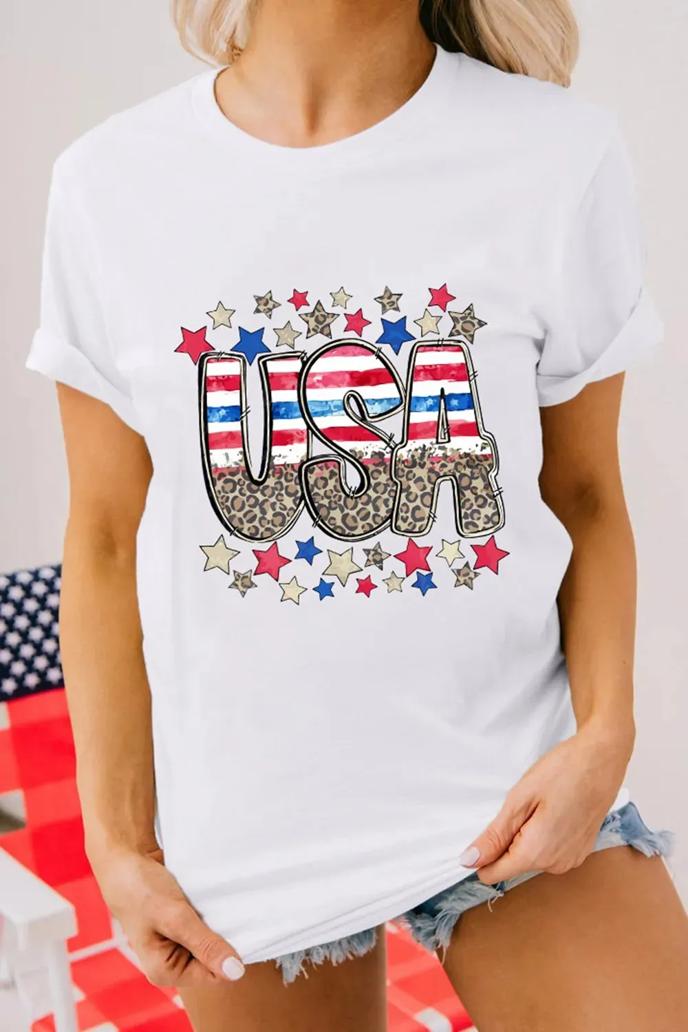 Patriotic Star Leopard USA Letter Graphic T Shirt sold by Charming Charlie