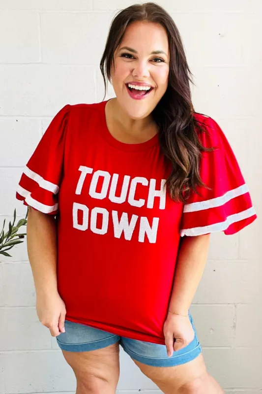Stand Out Red "TOUCHDOWN" Sequin Bubble Sleeve Game Day Top sold by Charming Charlie