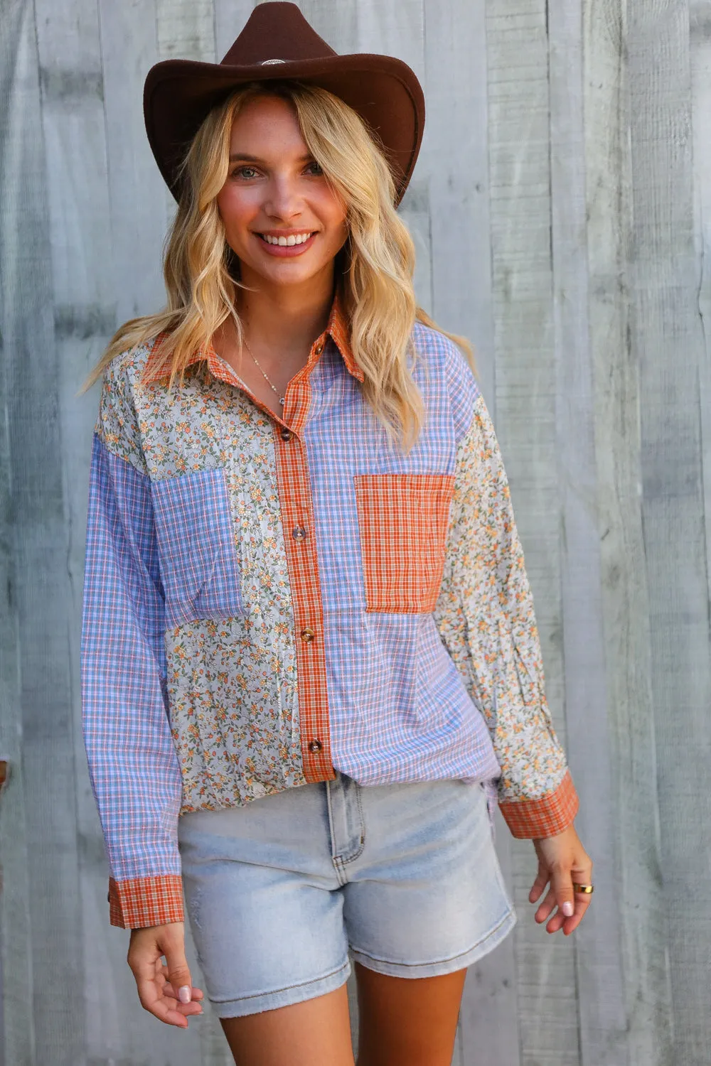 Lock Eyes Lilac Plaid & Ditzy Floral Color Block Shirt Top sold by Charming Charlie product image thumbnail 2