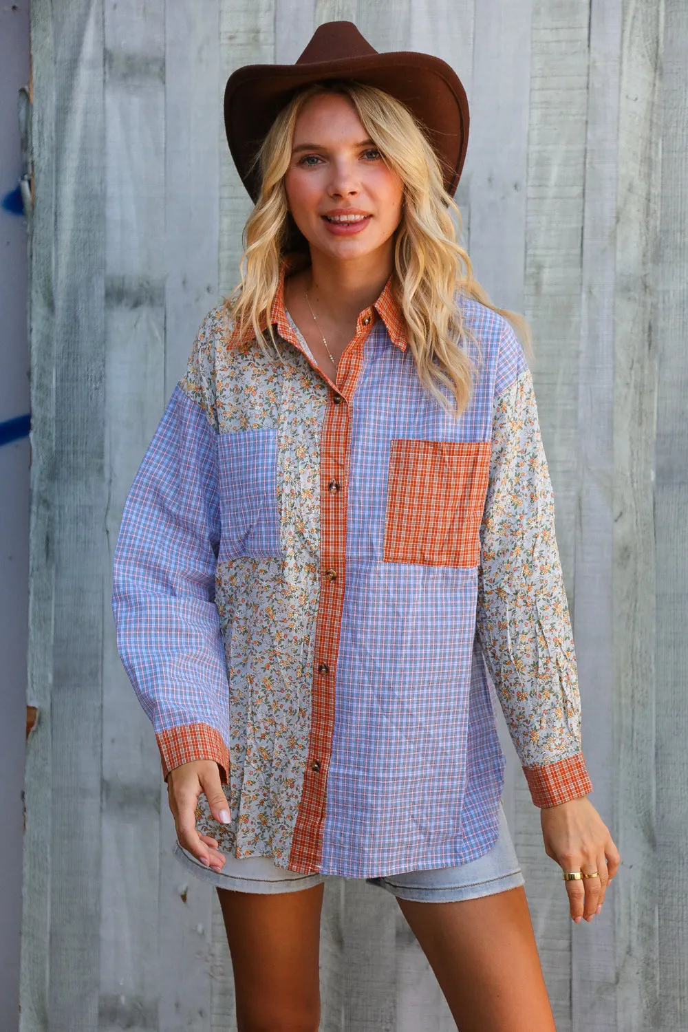 Lock Eyes Lilac Plaid & Ditzy Floral Color Block Shirt Top sold by Charming Charlie product image thumbnail 5