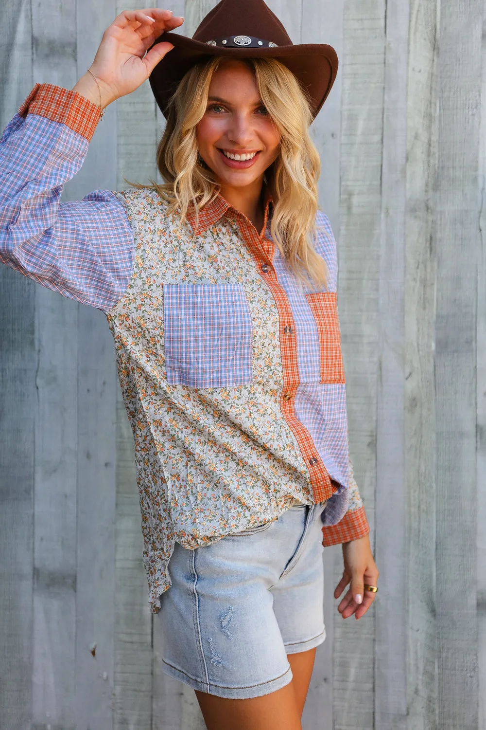 Lock Eyes Lilac Plaid & Ditzy Floral Color Block Shirt Top sold by Charming Charlie product image thumbnail 3