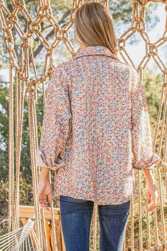 Casual Chic Multicolor Twill Long Sleeve Button-Down Shacket sold by Charming Charlie product image thumbnail 5