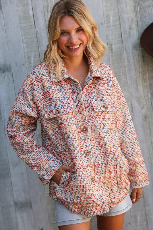 Casual Chic Multicolor Twill Long Sleeve Button-Down Shacket sold by Charming Charlie