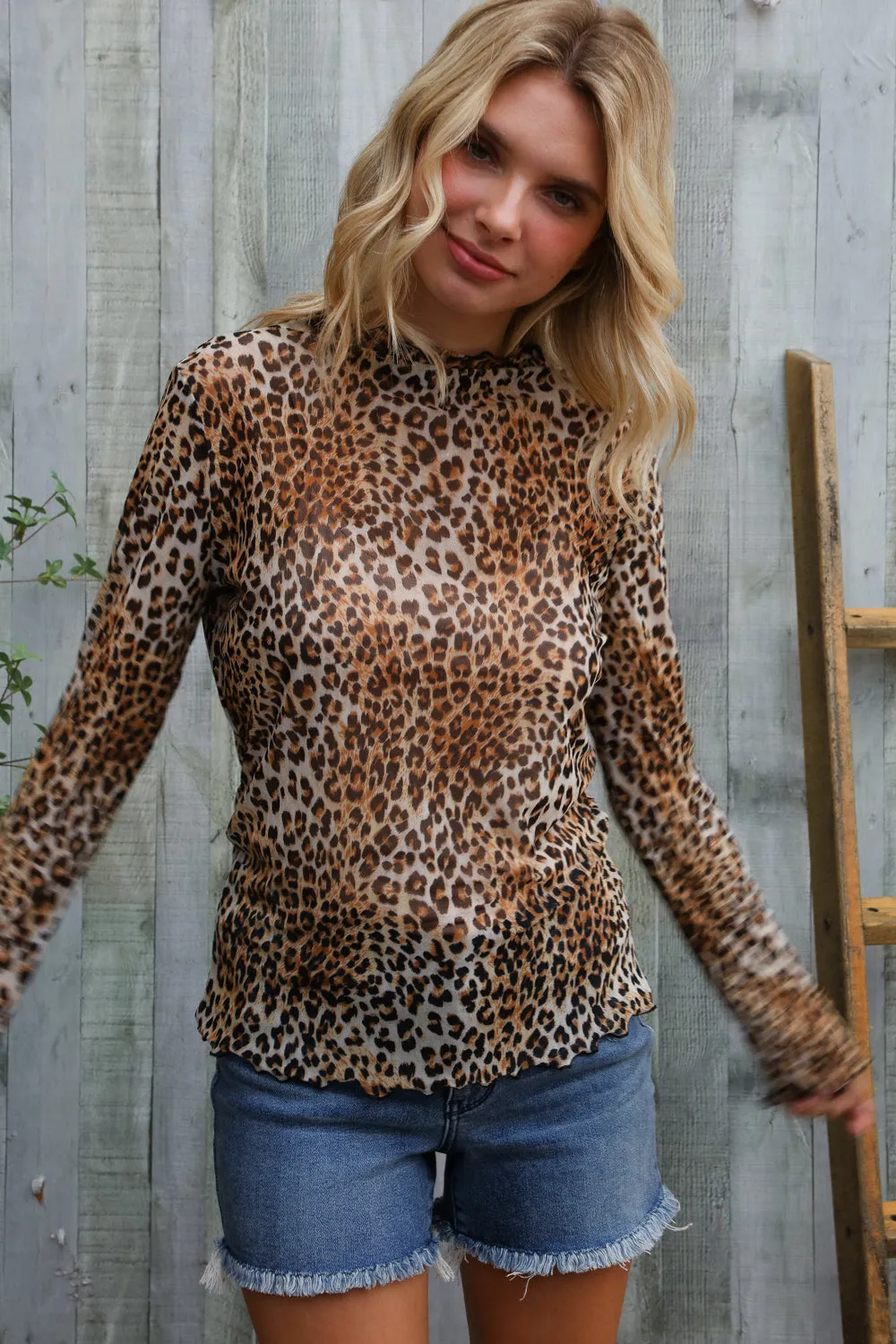 Feeling Bold Taupe High Neck Leopard Print Semi-Sheer Top sold by Charming Charlie product image thumbnail 4