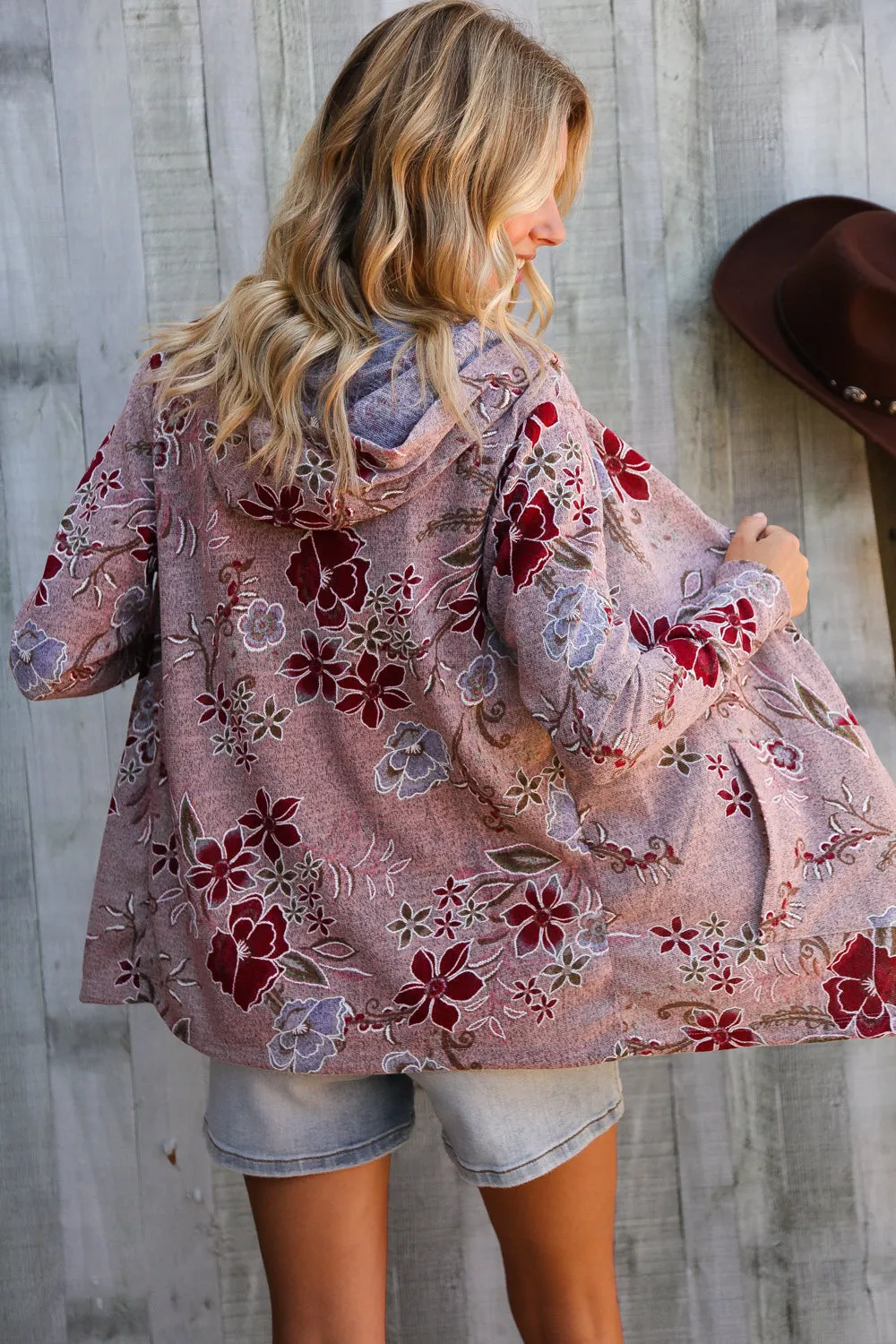 Find Love Bronze Long Sleeve Floral Print Open Cardigan Hoodie sold by Charming Charlie product image thumbnail 3