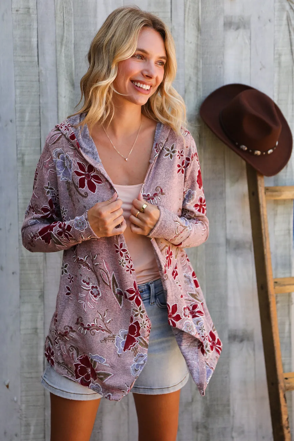 Find Love Bronze Long Sleeve Floral Print Open Cardigan Hoodie sold by Charming Charlie