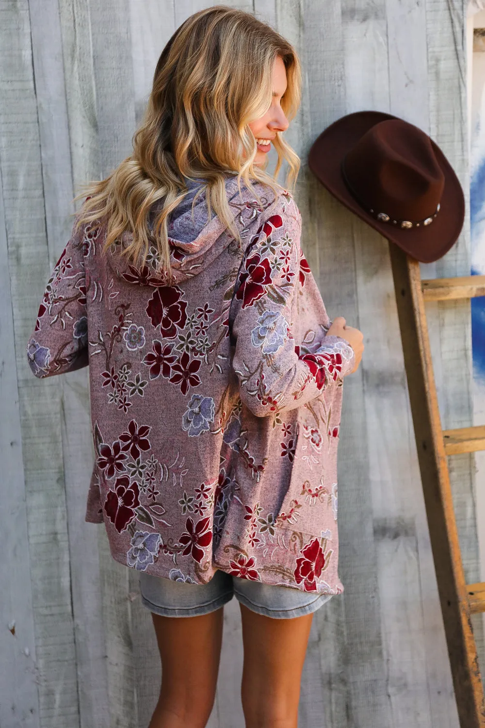 Find Love Bronze Long Sleeve Floral Print Open Cardigan Hoodie sold by Charming Charlie product image thumbnail 4