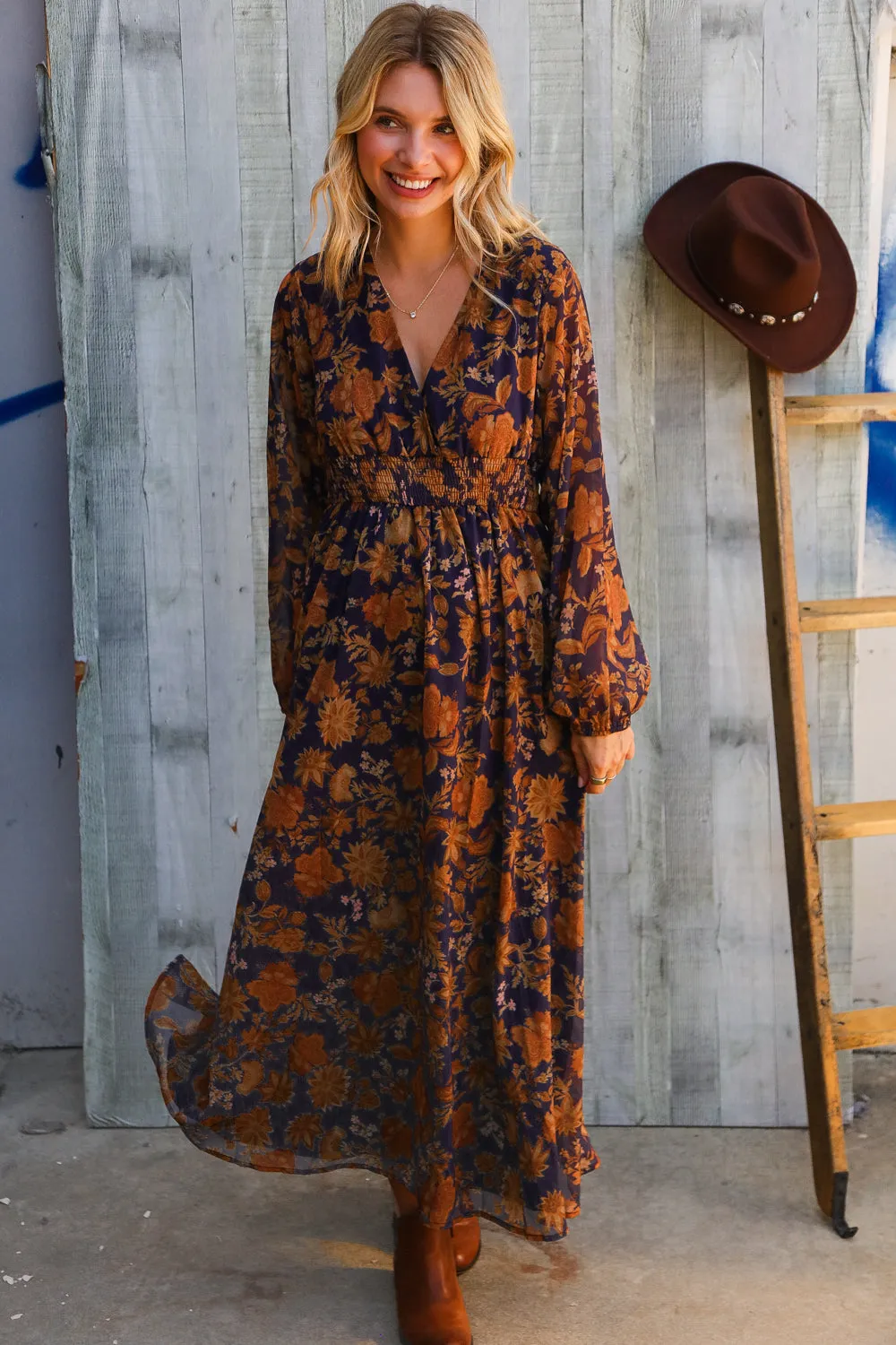 Stunning In Chiffon Floral Smocked Ruffle Sleeve Lined Midi Dress sold by Charming Charlie product image thumbnail 2