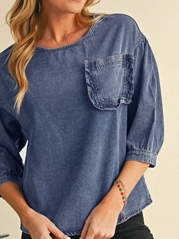 Cotton Denim Frilled Boho Pocket Top sold by Charming Charlie