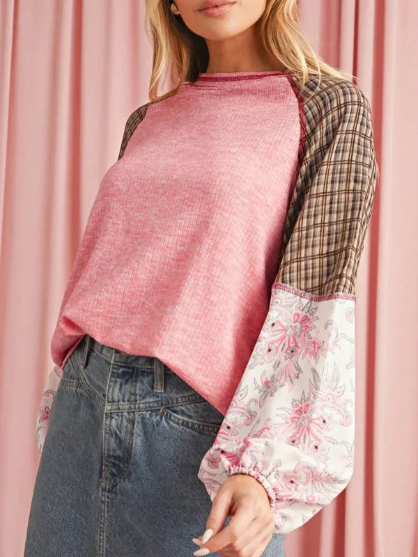 Viscose Plaid Floral Patchwork Raglan Ribbed Top sold by Charming Charlie