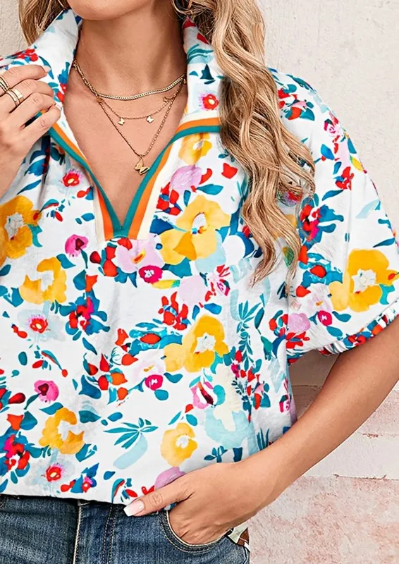 Floral Boho Shirred Bubble Viscose Notch Blouse sold by Charming Charlie
