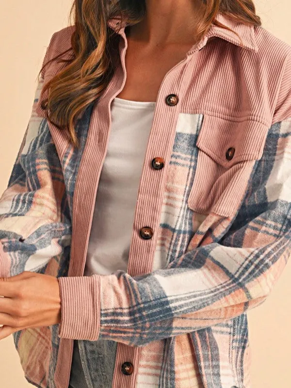Plaid Corduroy Patch Pocket Loose Shacket Shirt sold by Charming Charlie