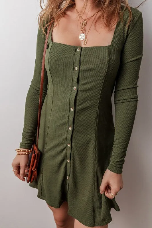 Green Knit Square Neck Buttoned Long Sleeve Dress sold by Charming Charlie product image thumbnail 3