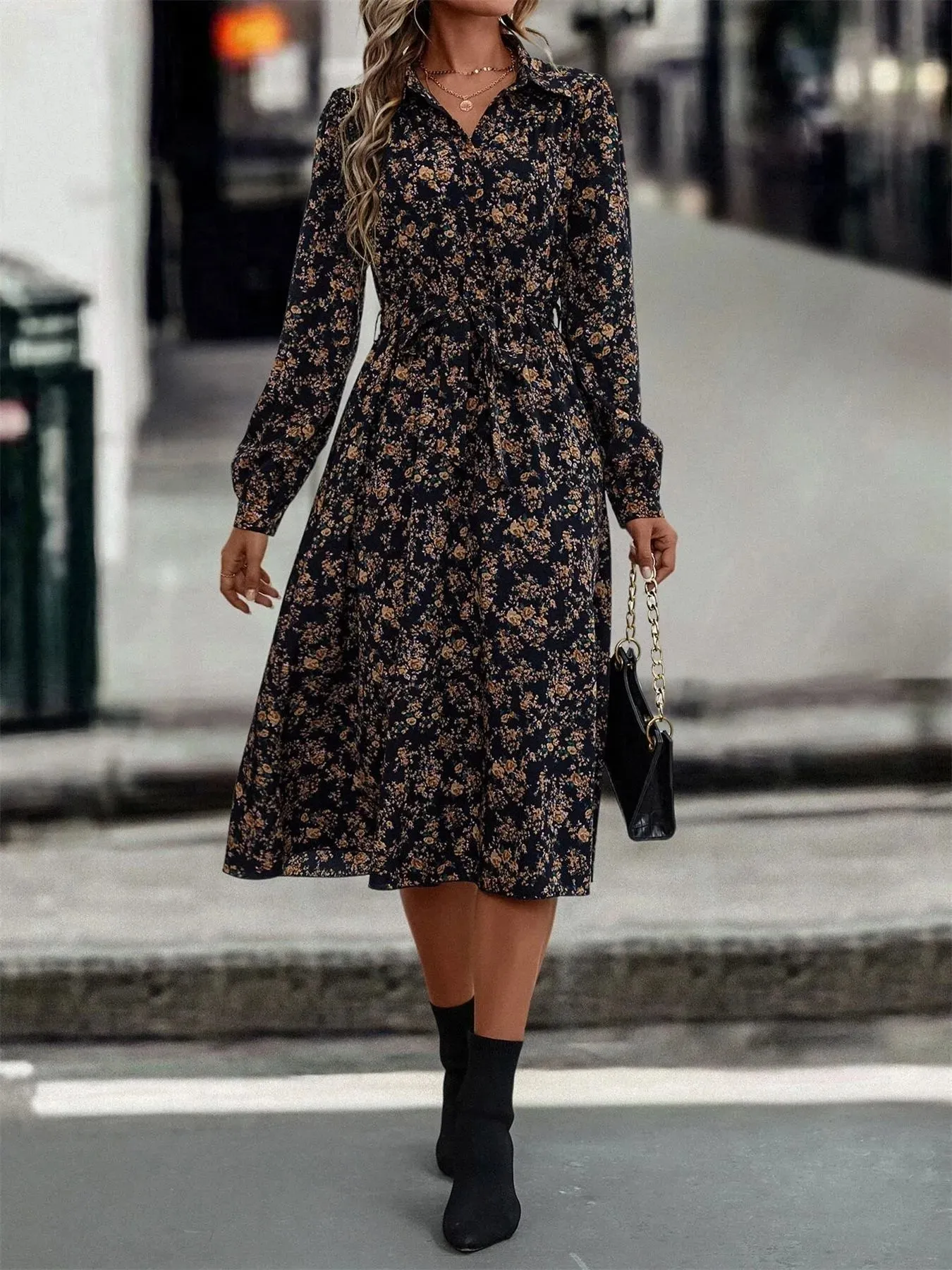 Floral Print Long Sleeve Midi Shirt Dress sold by Charming Charlie