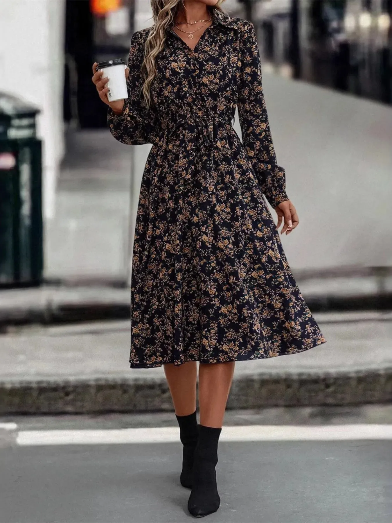 Floral Print Long Sleeve Midi Shirt Dress sold by Charming Charlie product image thumbnail 3